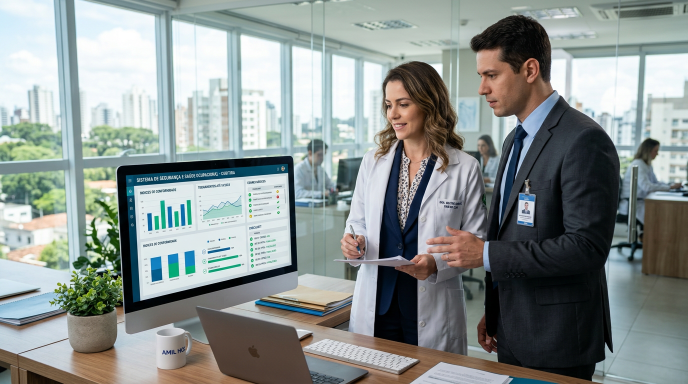 Médico do trabalho e engenheiro de segurança analisando dashboard da calculadora PCMSO em clínica moderna em Curitiba — Medicina Ocupacional Curitiba