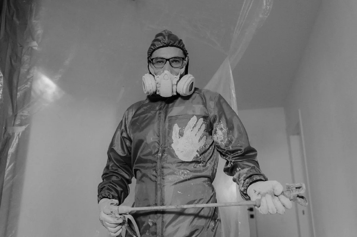 Trabalhador de EPI pintando interior de casa em obra. — Medicina Ocupacional Curitiba